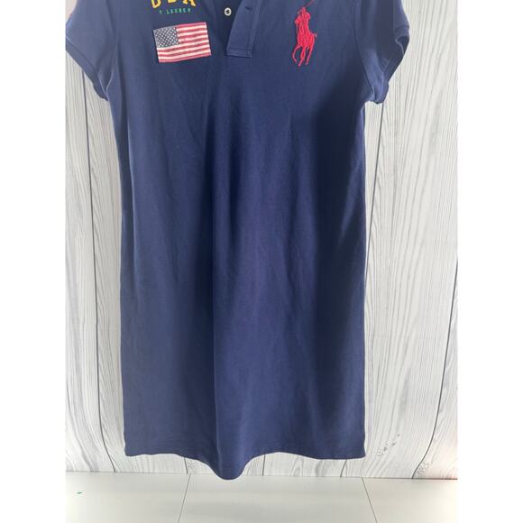 Vintage Y2K Ralph Lauren Sport Dress Skinny Polo USA Flag Pony Size Medium Blue - Picture 2 of 8